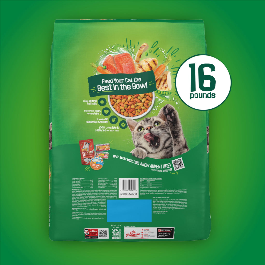 Purina Friskies Indoor Delights Dry Cat Food Flavors of Chicken - Salmon, Peas, and Carrots, 16 lb Bag