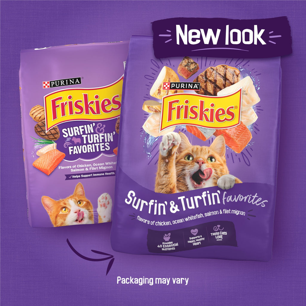 Purina Friskies Surfin and Turfin Favorites Dry Cat Food Flavors of Chicken - Whitefish, Salmon and Filet Mignon, 16 lb Bag
