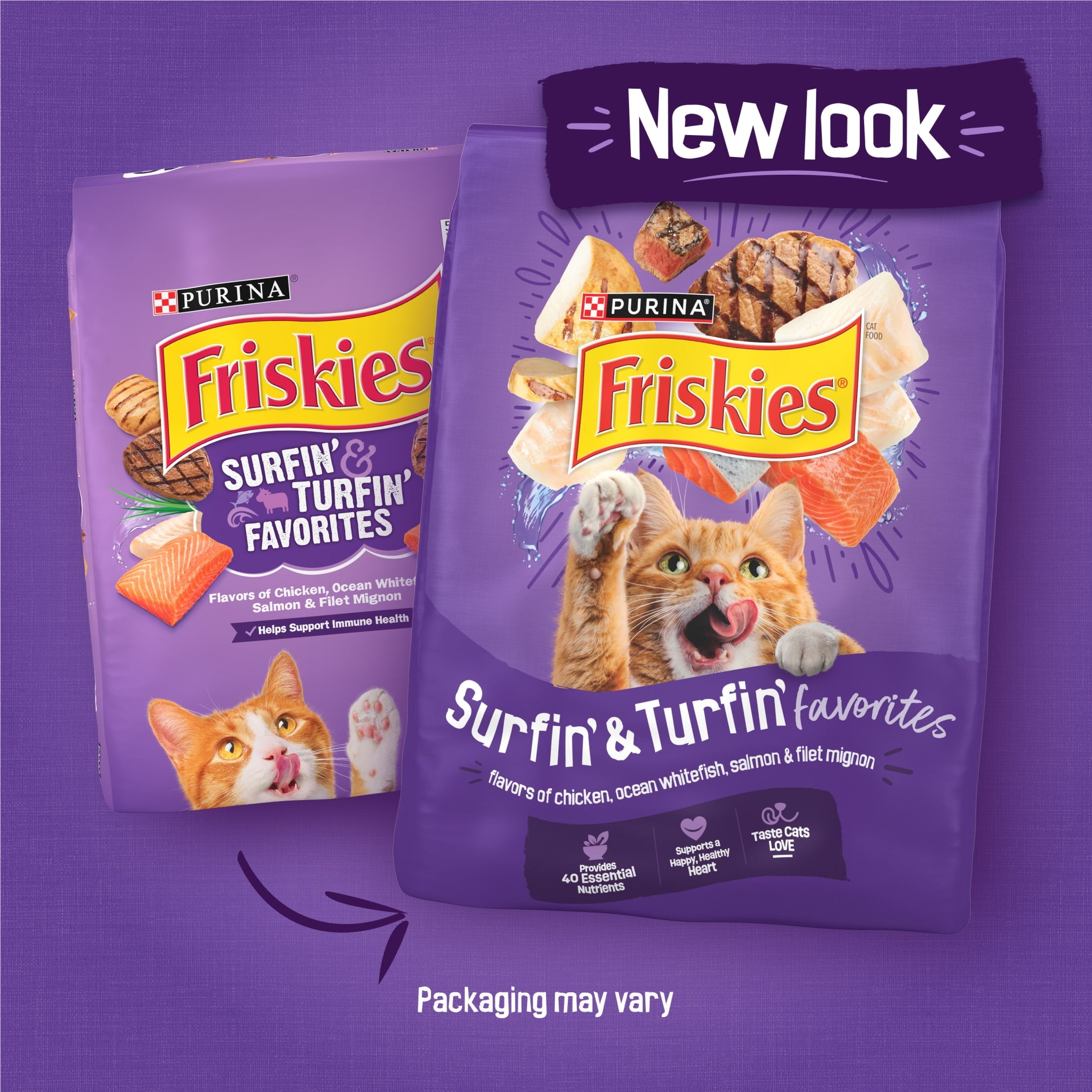 Purina Friskies Surfin and Turfin Favorites Dry Cat Food Flavors of Chicken - Whitefish, Salmon and Filet Mignon, 16 lb Bag
