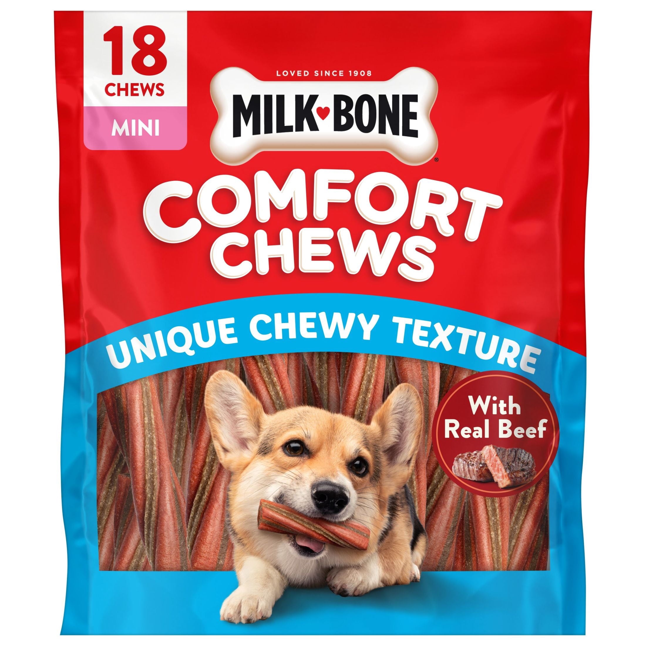 Milk Bone Comfort Chews - Mini Dog Chews with Unique Chewy Texture and Real Beef, 22.2 oz Bag (18 Chews) - 3-Pack