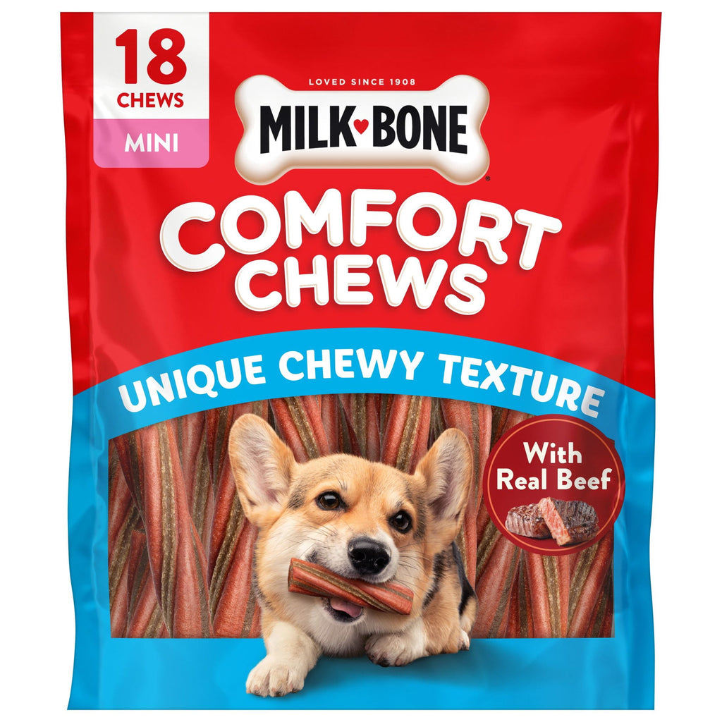 Milk Bone Comfort Chews - Mini Dog Chews with Unique Chewy Texture and Real Beef, 22.2 oz Bag (18 Chews) - 6-Pack