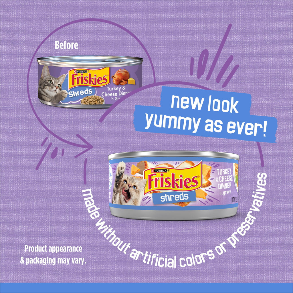 Purina Friskies Shreds - Turkey and Cheese Dinner in Gravy, Wet Cat Food, 5.5 oz Can