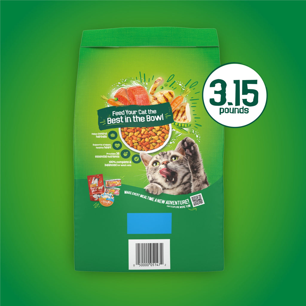 Purina Friskies Indoor Delights Dry Cat Food Flavors of Chicken - Salmon, Peas, and Carrots, 3.15 lb Bag