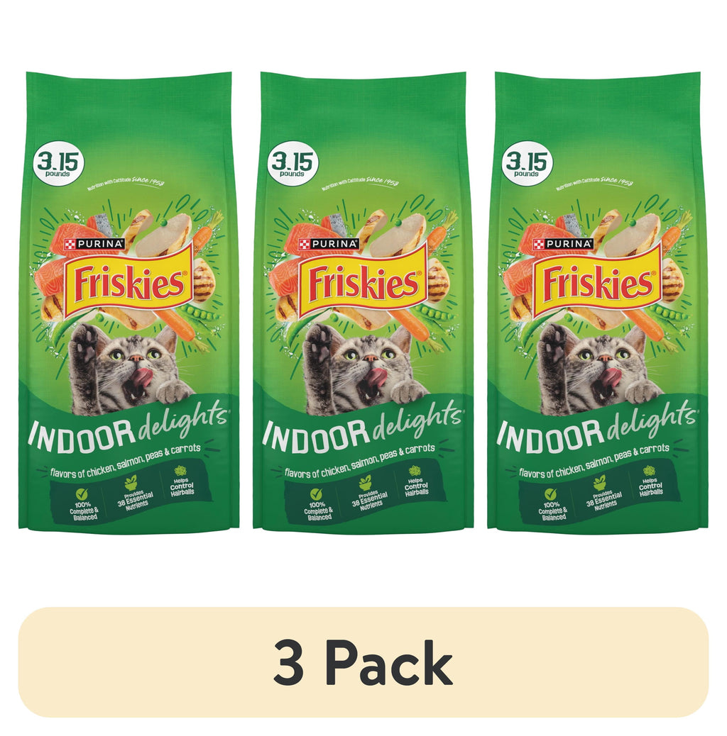 Purina Friskies Indoor Delights Dry Cat Food Flavors of Chicken - Salmon, Peas, and Carrots, 3.15 lb Bag - 3-Pack
