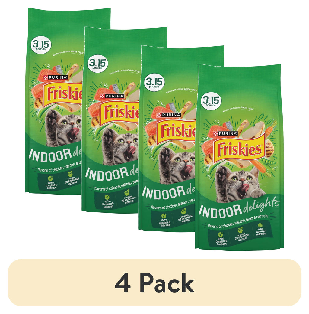 Purina Friskies Indoor Delights Dry Cat Food Flavors of Chicken - Salmon, Peas, and Carrots, 3.15 lb Bag - 4-Pack