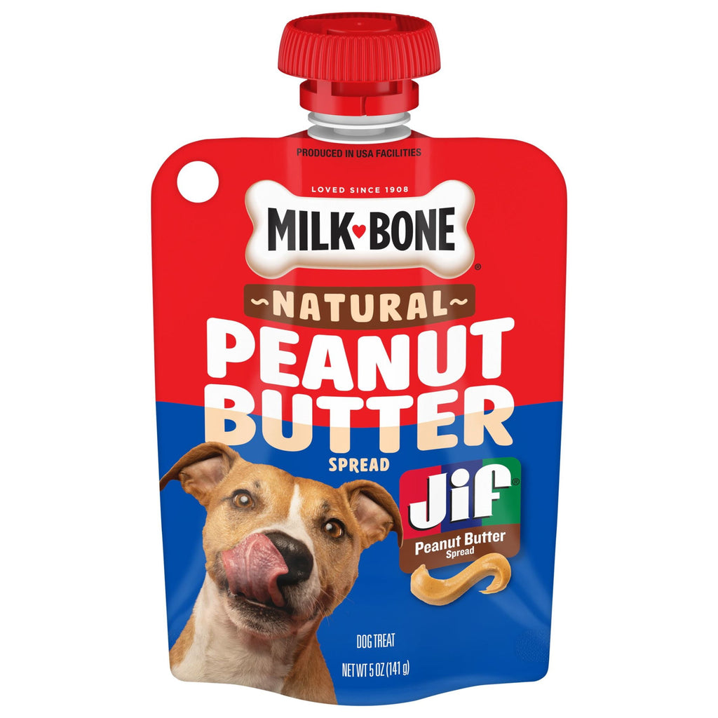 Milk Bone Natural Peanut Butter Spread with Jif - Lickable Dog Treats in a Squeezable Pouch, 5 oz