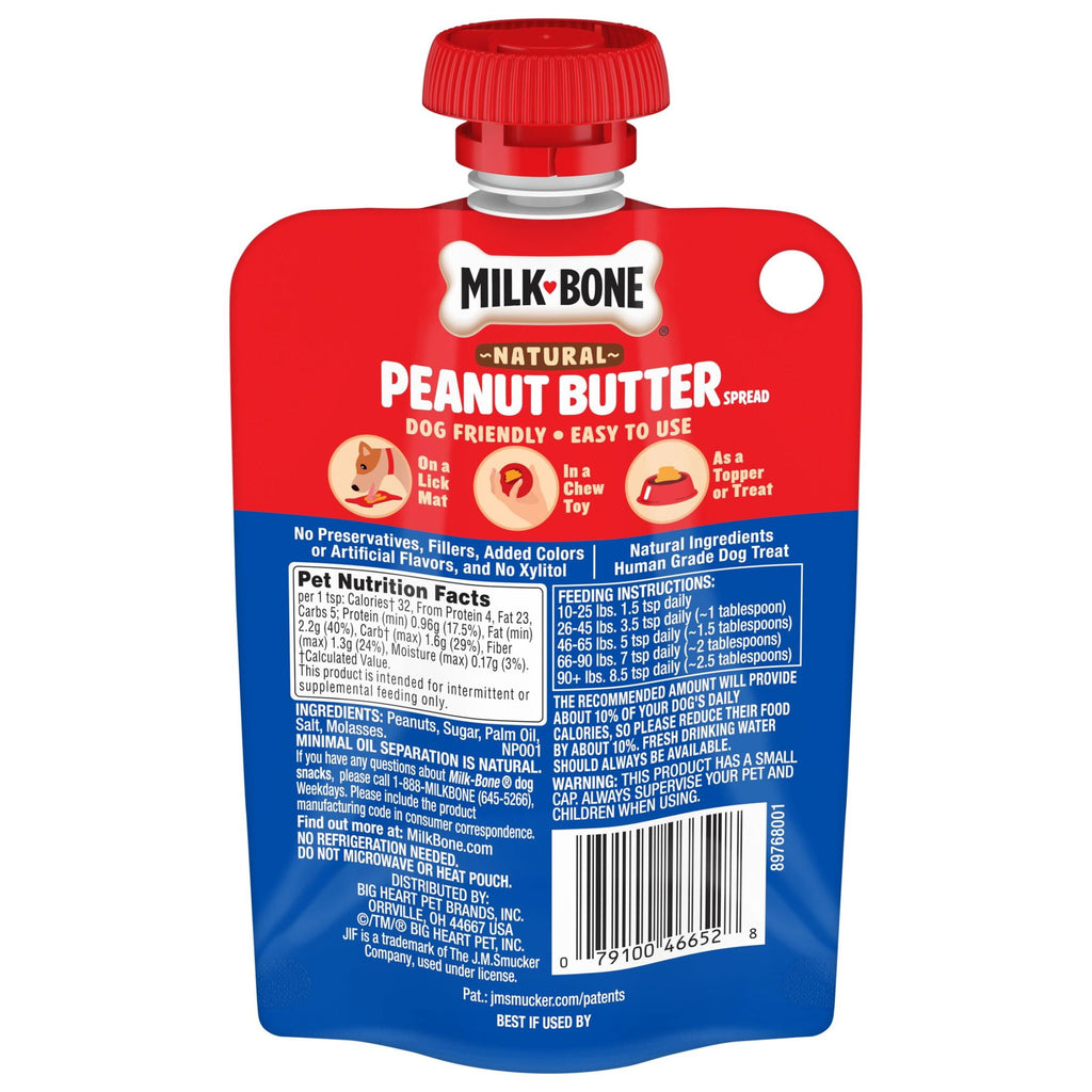 Milk Bone Natural Peanut Butter Spread with Jif - Lickable Dog Treats in a Squeezable Pouch, 5 oz