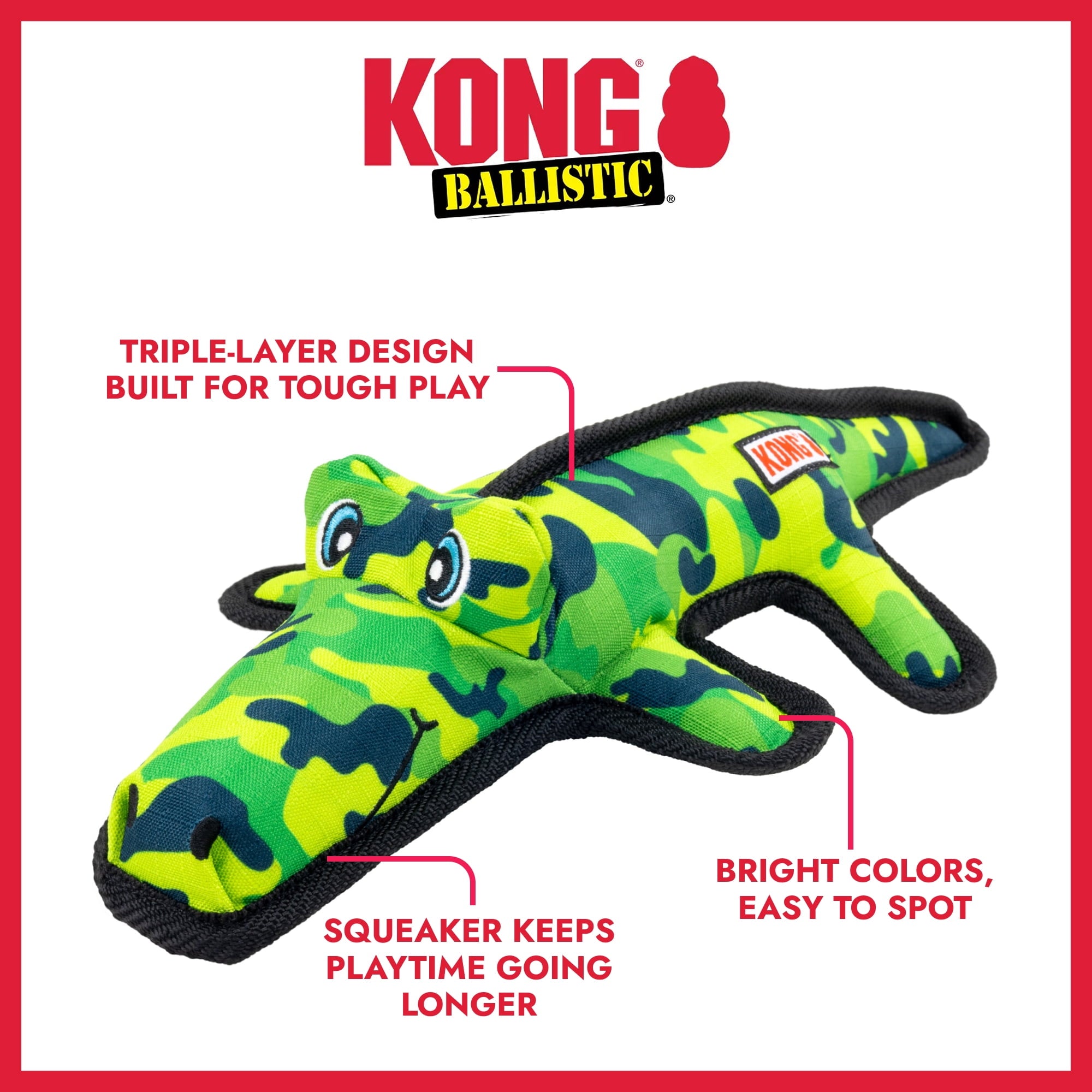 KONG® Ballistic® Durable Plush Squeaker Dog Toy - Alligator, Medium/Large