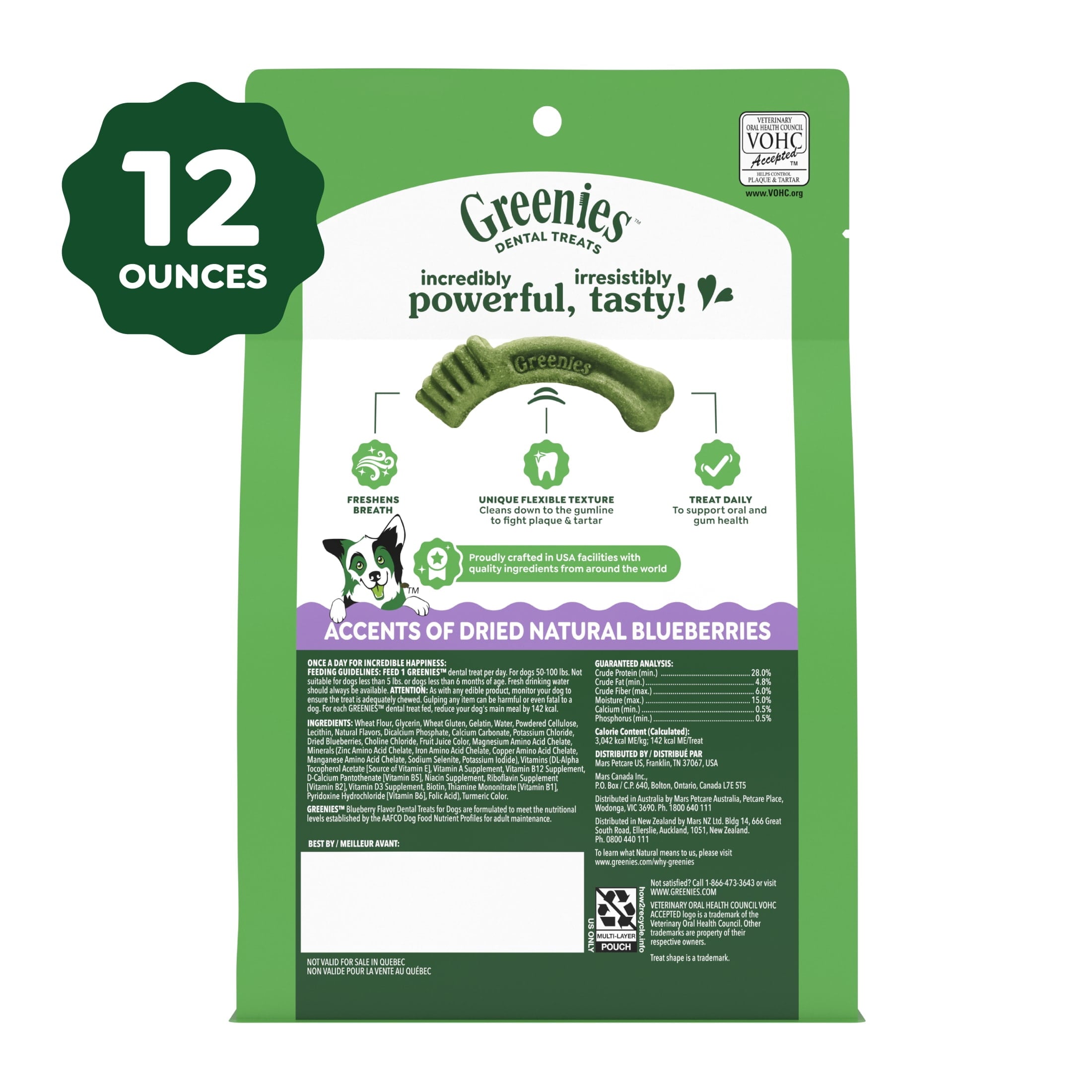 Greenies Blueberry Flavor Adult Natural Dental Dog Treats Large Size - 12 oz Pack (8 Count)