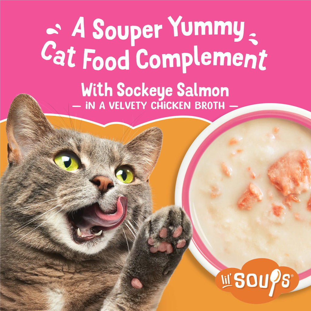Purina Friskies Grain Free Lickable Cat Food Toppers Lil’ Soups With Sockeye Salmon in Chicken Broth - 1.2 oz Cups