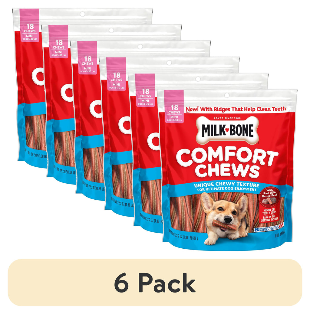 Milk Bone Comfort Chews - Mini Dog Chews with Unique Chewy Texture and Real Beef, 22.2 oz Bag (18 Chews) - 6-Pack