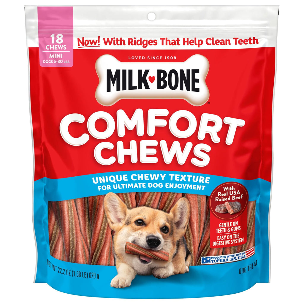 Milk Bone Comfort Chews - Mini Dog Chews with Unique Chewy Texture and Real Beef, 22.2 oz Bag (18 Chews) - 4-Pack