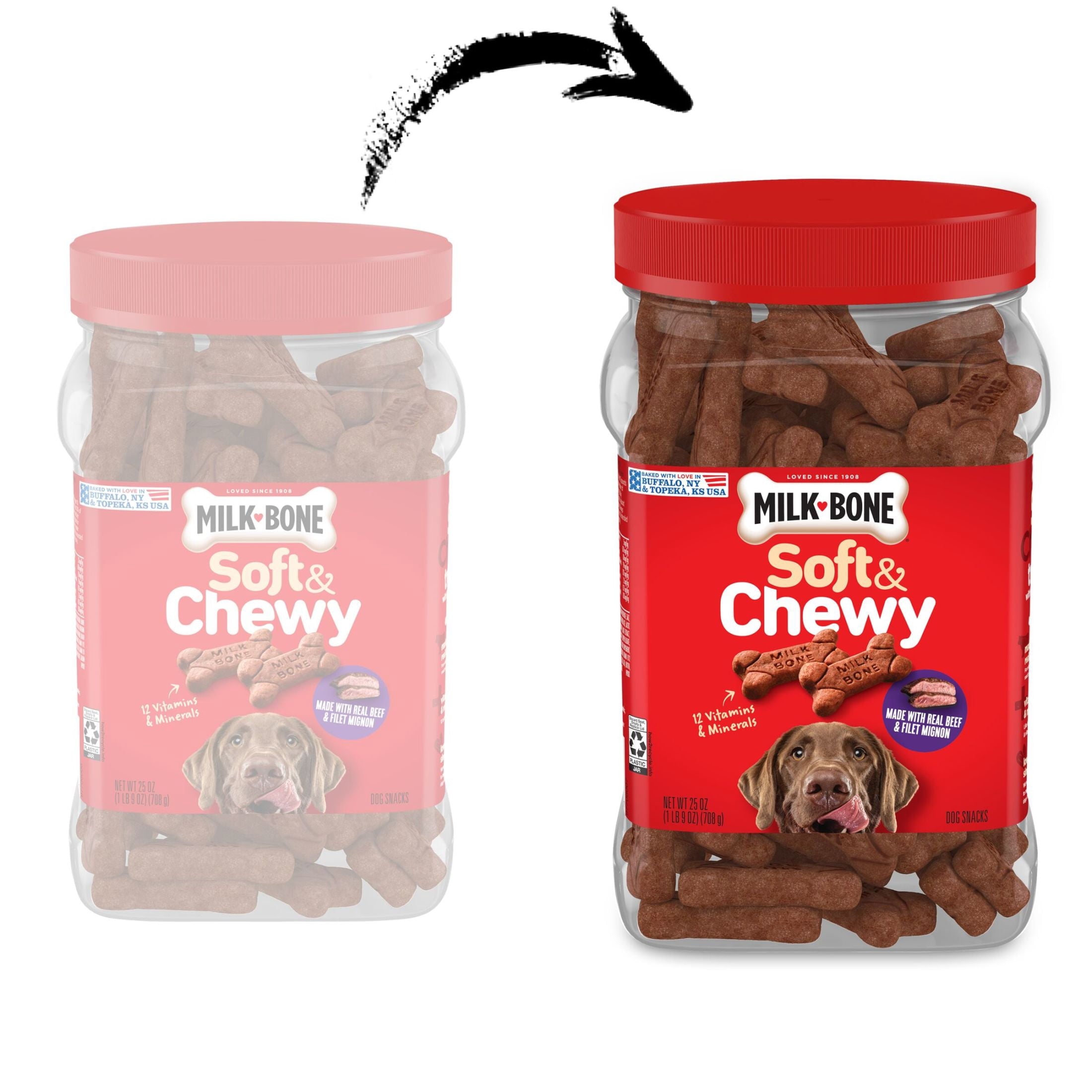 Milk Bone Soft & Chewy Dog Treats - Made with Real Beef & Filet Mignon, 25 oz Canister - 4-Pack