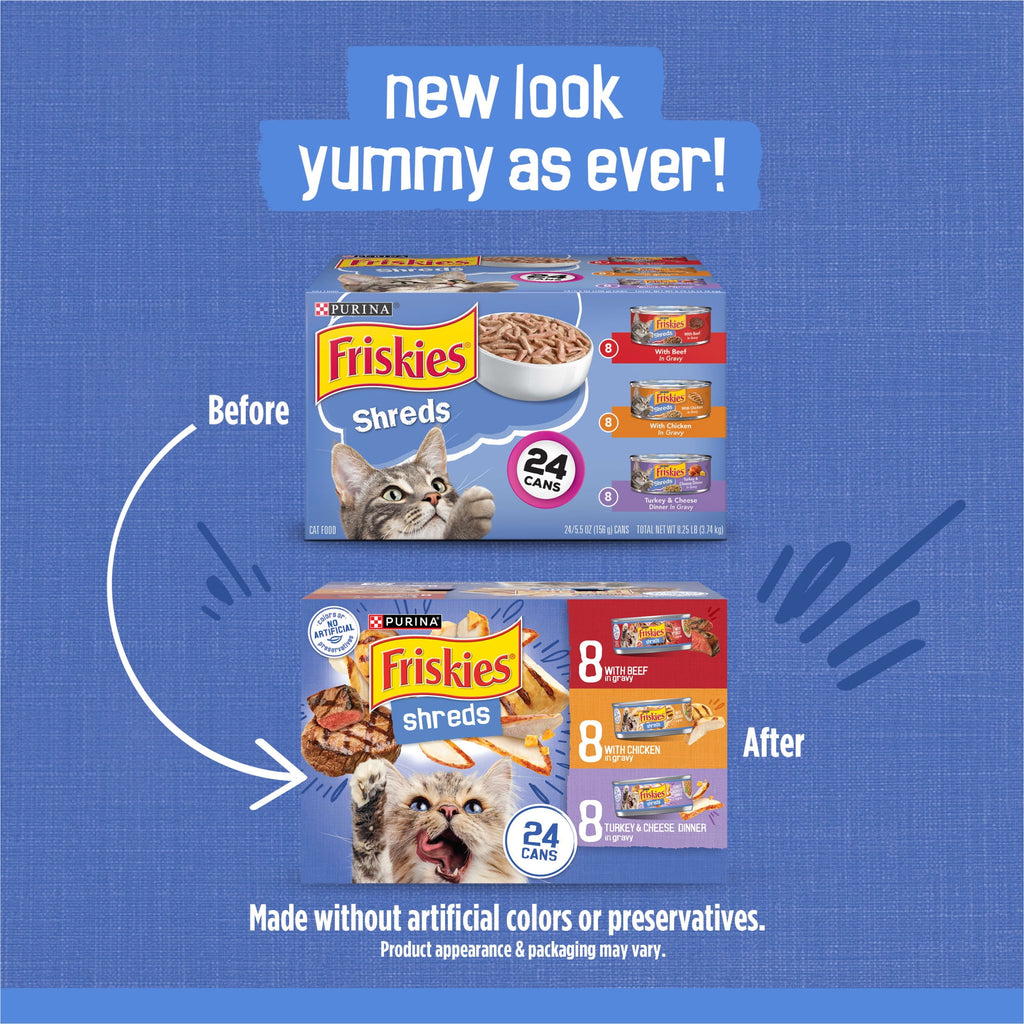 Purina Friskies Gravy Shreds - Beef, Chicken, Turkey and Cheese, Wet Cat Food, 5.5 oz Can