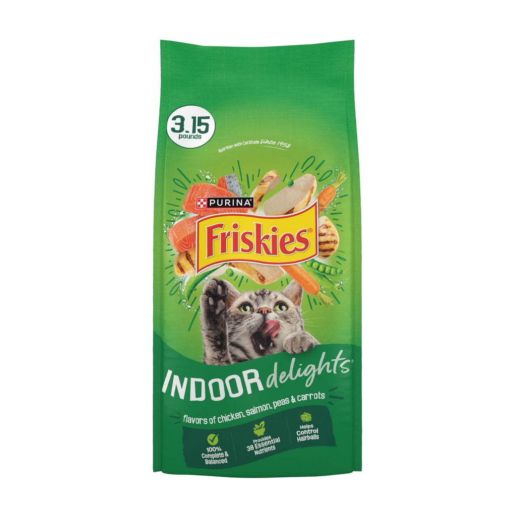 Purina Friskies Indoor Delights Dry Cat Food Flavors of Chicken - Salmon, Peas, and Carrots, 3.15 lb Bag - 2-Pack