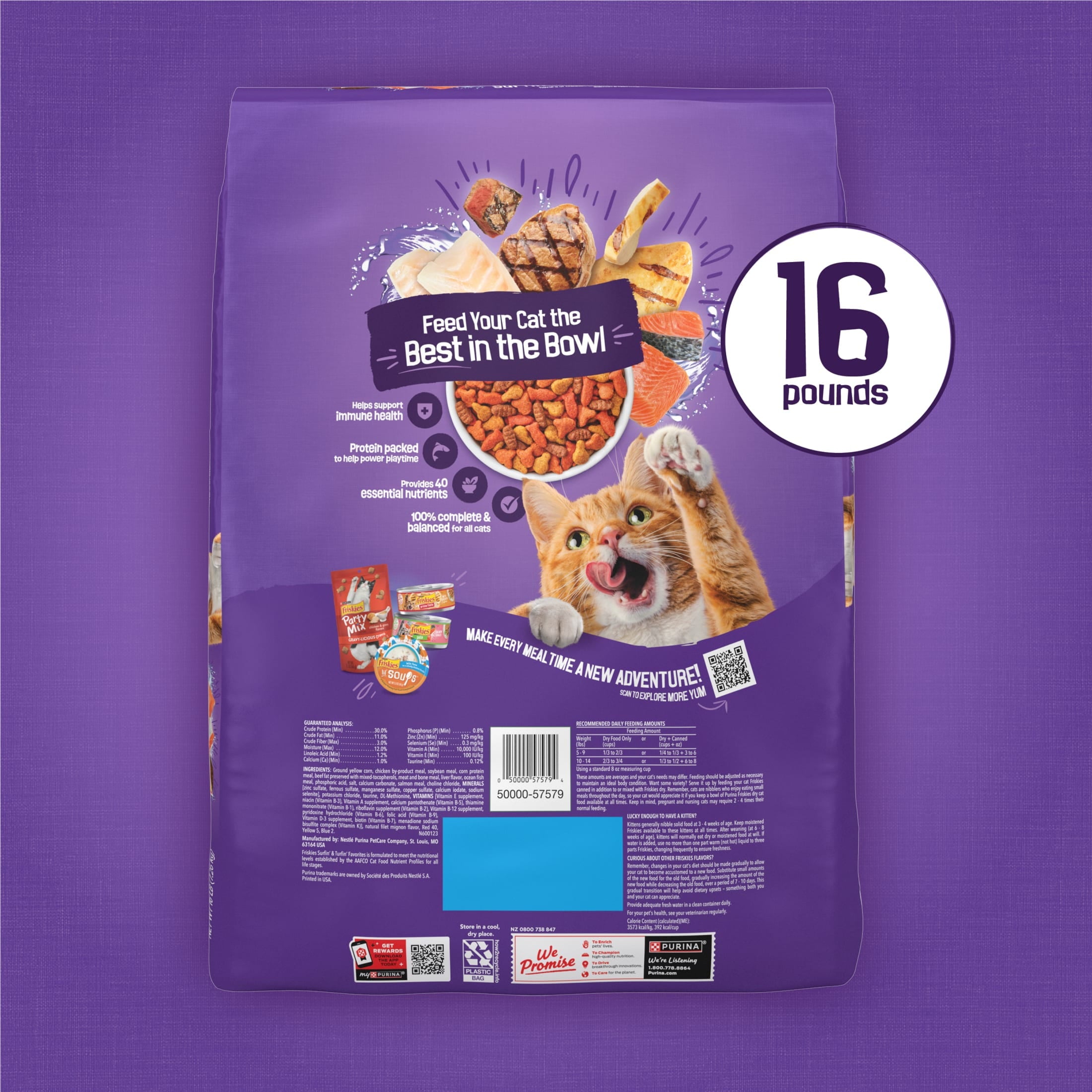 Purina Friskies Surfin and Turfin Favorites Dry Cat Food Flavors of Chicken - Whitefish, Salmon and Filet Mignon, 16 lb Bag