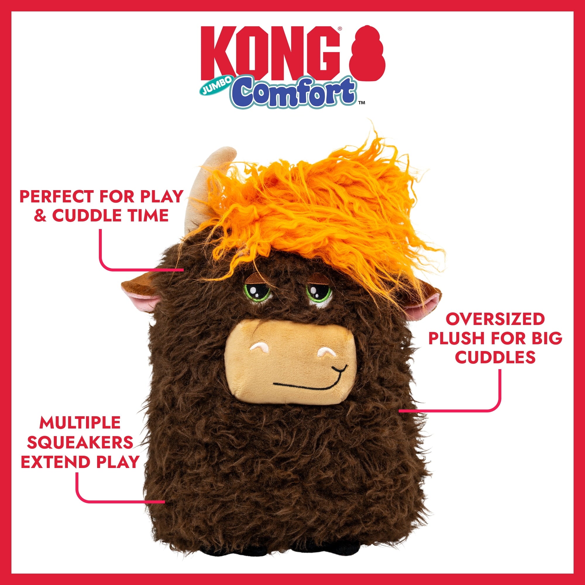 KONG® Comfort Squeaker Dog Toy - Highland Cow, Jumbo Extra Large