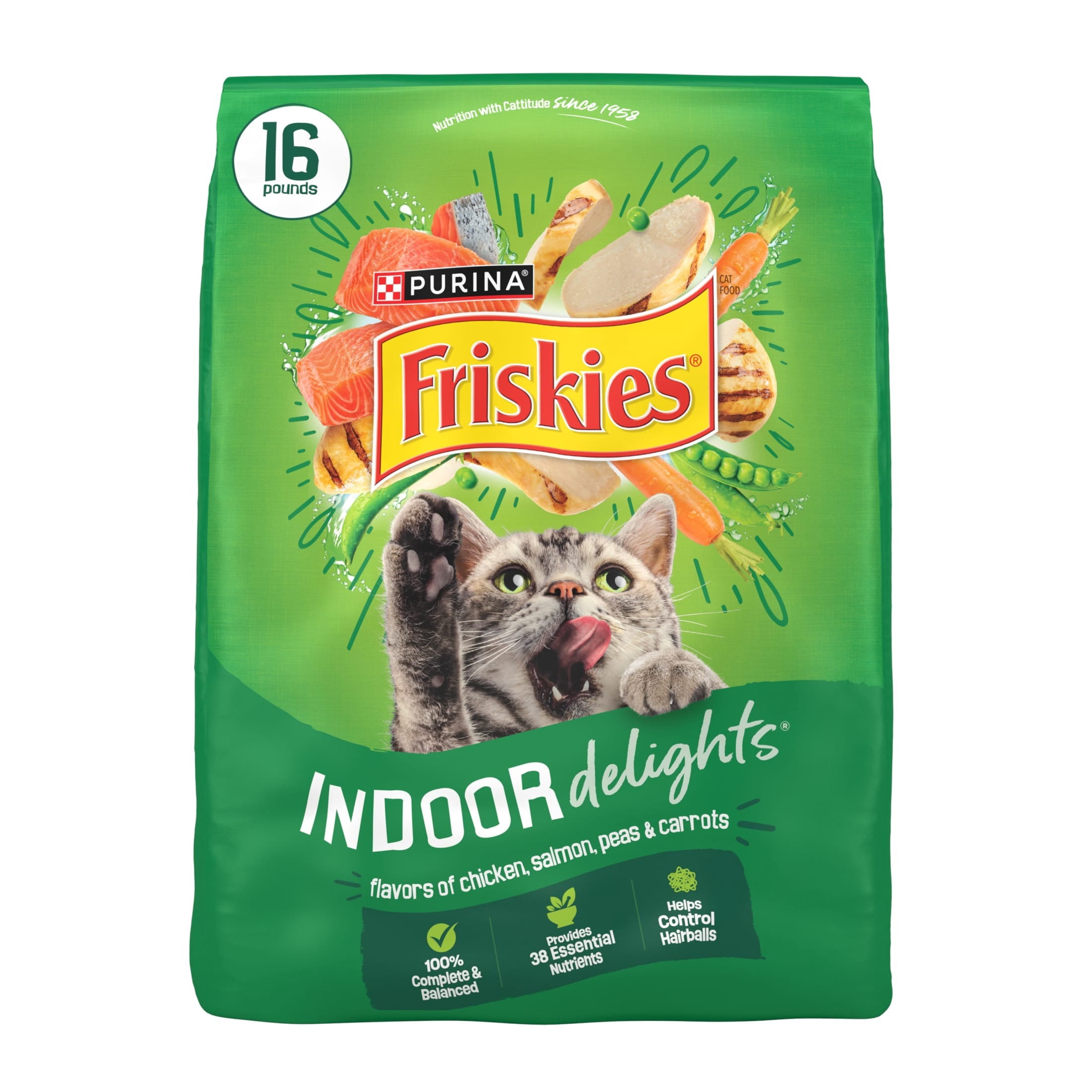 Purina Friskies Indoor Delights Dry Cat Food Flavors of Chicken - Salmon, Peas, and Carrots, 16 lb Bag