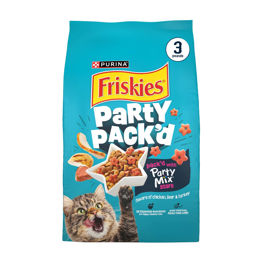 Purina Friskies Party Pack’d with Flavors of Chicken - Liver and Turkey Crunchy Dry Cat Food, 3 lb.