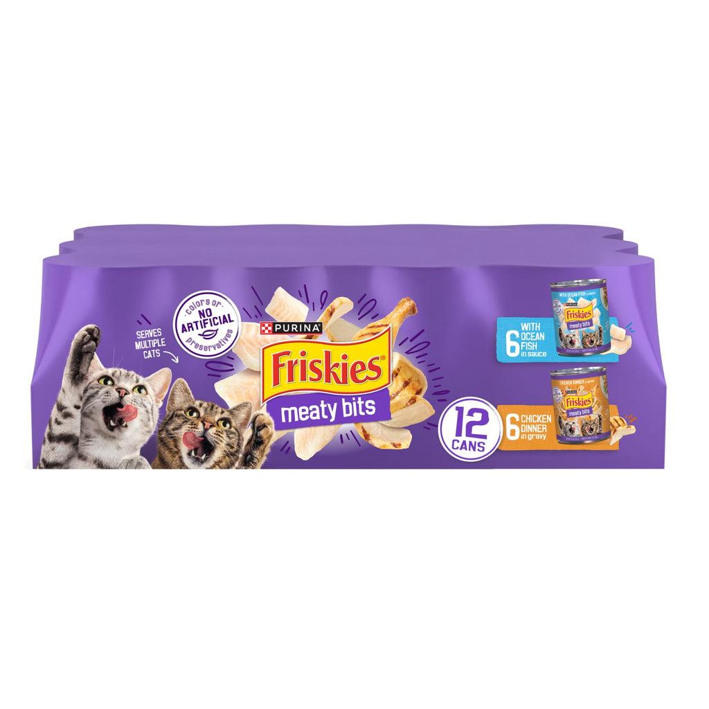 Purina Friskies Meaty Bits Ocean Fish & Chicken Dinner Flavor Chunks Wet Cat Food Variety Pack - 13.5 oz Cans (12 Pack)