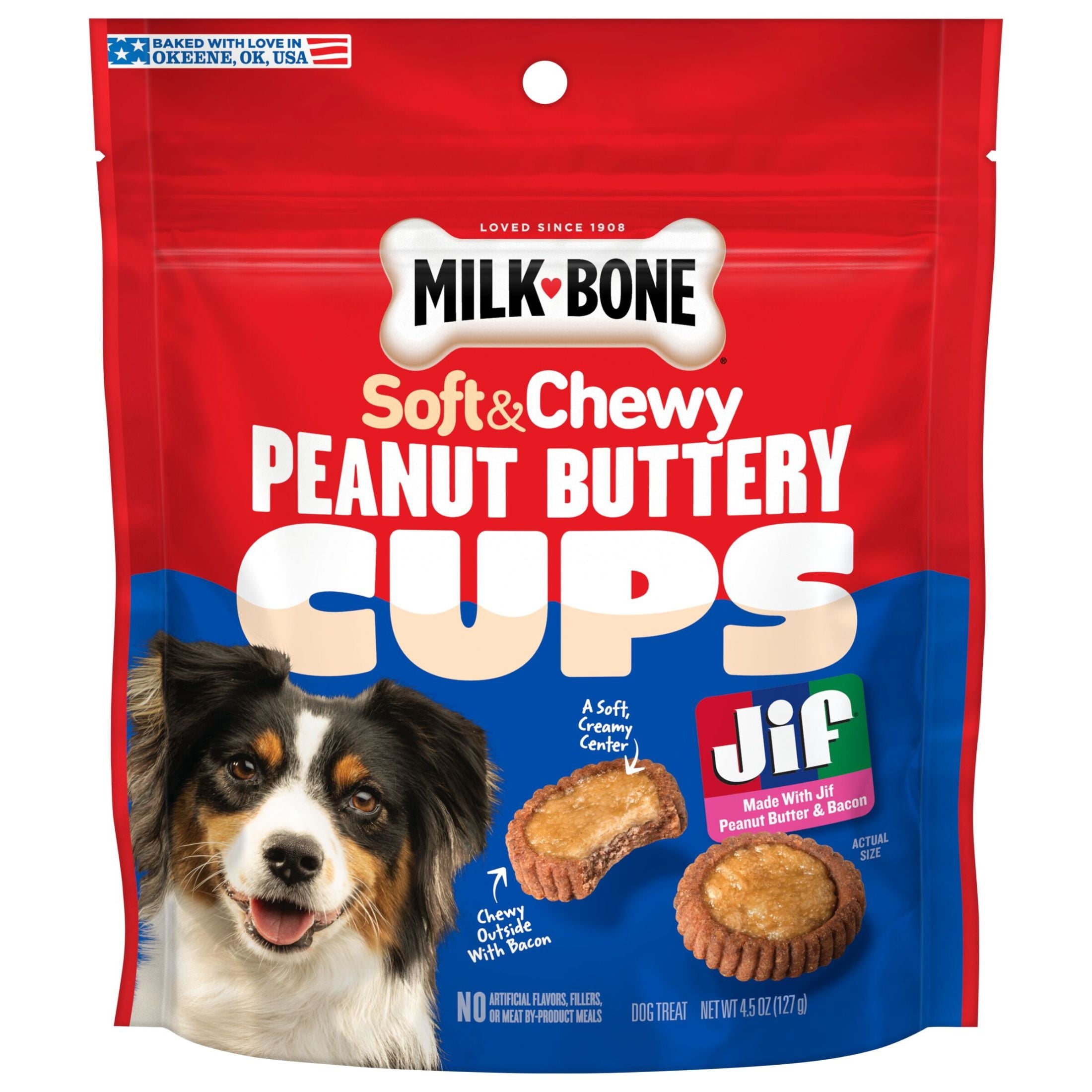 Milk Bone Peanut Buttery Cups - Filled Soft Dog Treats With Jif Peanut Butter & Real Bacon, 4.5 oz Bags