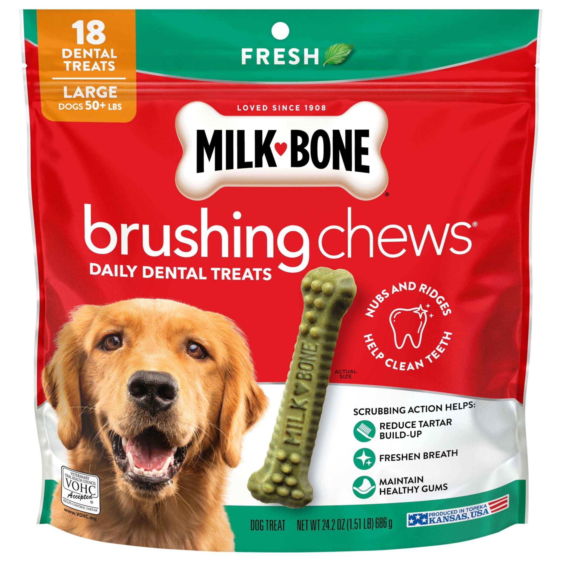 Milk Bone Brushing Chews Fresh Mint Flavor Daily Dental Dog Treats - Large, 24.2 oz Bag