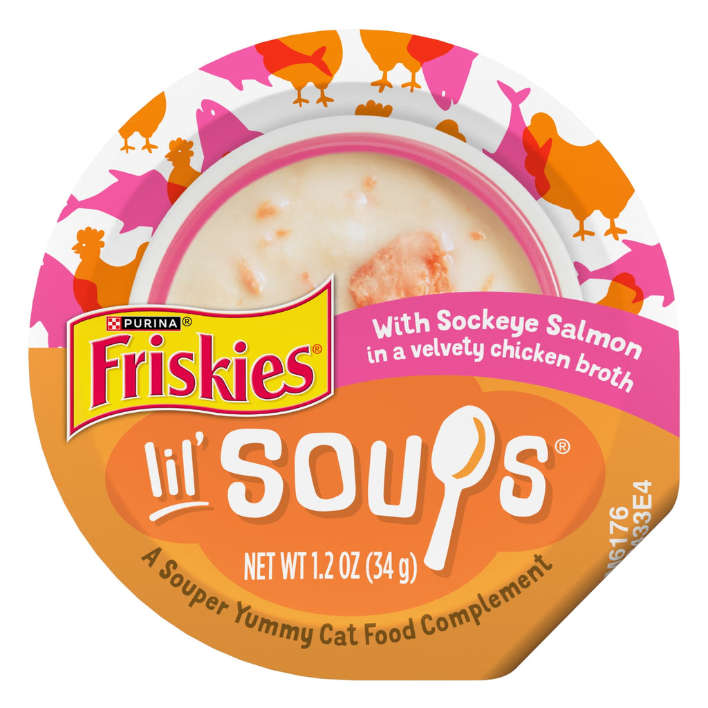 Purina Friskies Grain Free Lickable Cat Food Toppers Lil’ Soups With Sockeye Salmon in Chicken Broth - 1.2 oz Cups