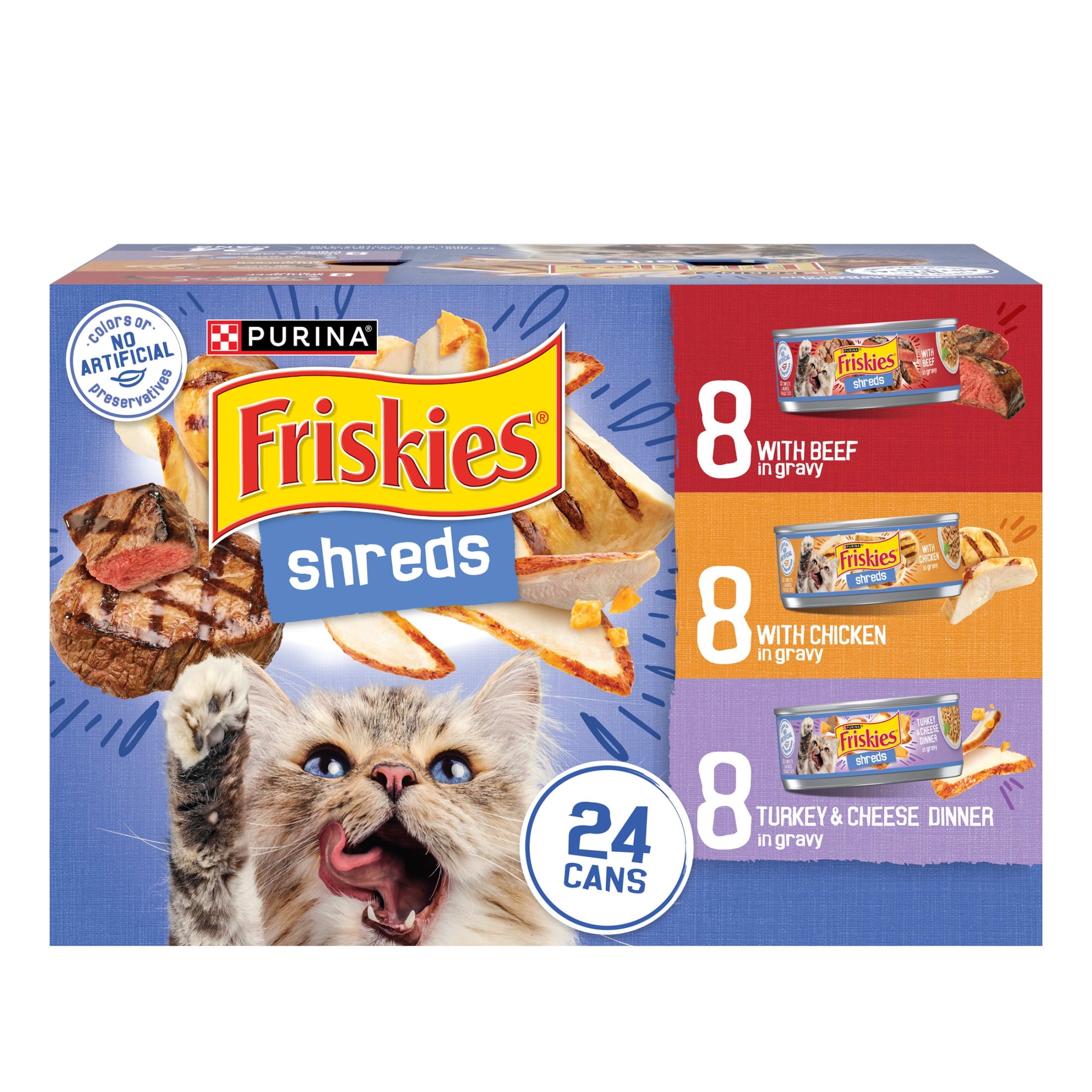 Purina Friskies Gravy Shreds - Beef, Chicken, Turkey and Cheese, Wet Cat Food, 5.5 oz Can