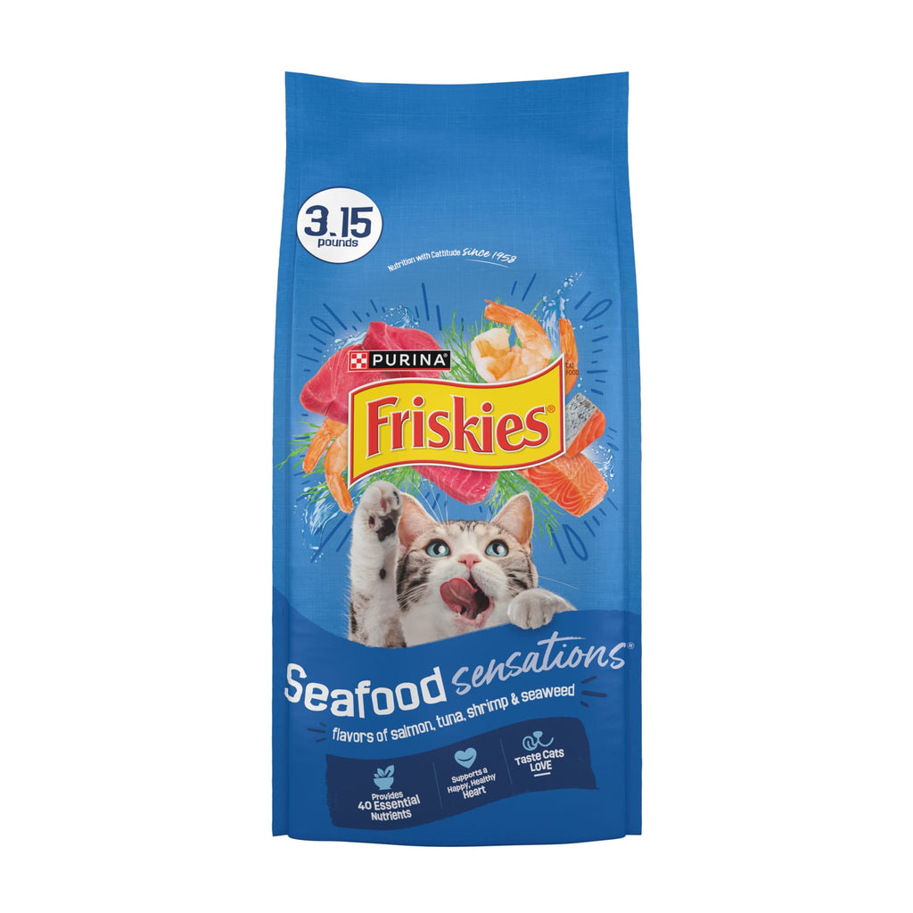 Purina Friskies Dry Cat Food Seafood Sensations with Salmon - Tuna, and Shrimp Flavors, 3.15 lb Bag