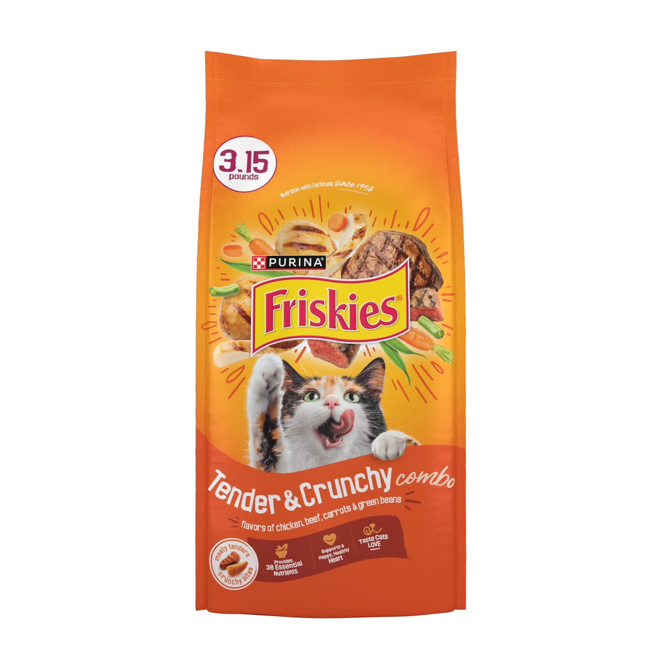 Purina Friskies Tender and Crunchy Dry Cat Food Flavors of Chicken - Beef, Carrots and Green Beans, 3.15 lb Bag