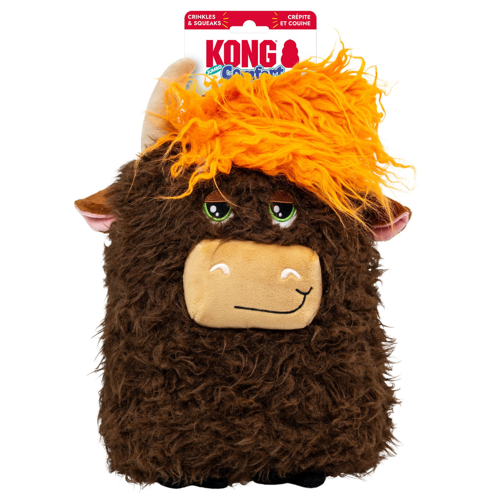 KONG® Comfort Squeaker Dog Toy - Highland Cow, Jumbo Extra Large