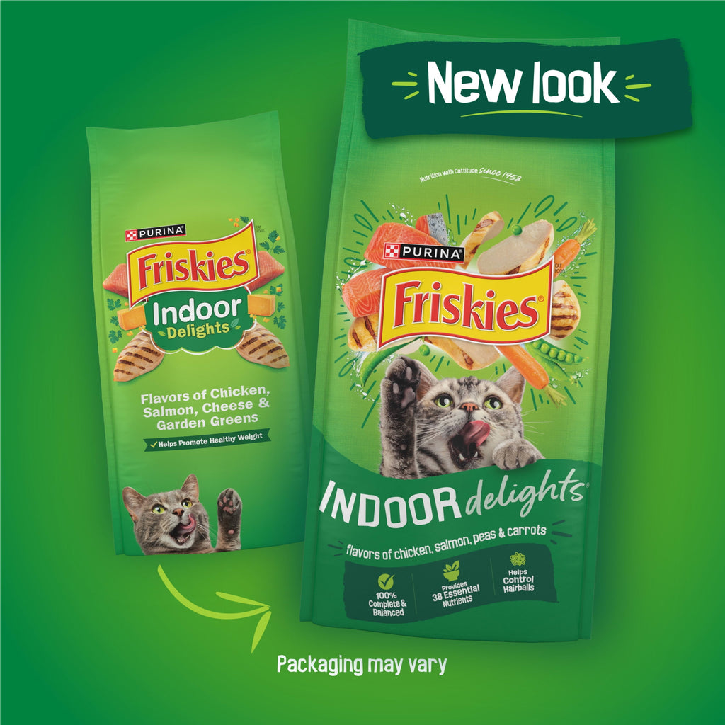 Purina Friskies Indoor Delights Dry Cat Food Flavors of Chicken - Salmon, Peas, and Carrots, 3.15 lb Bag - 4-Pack