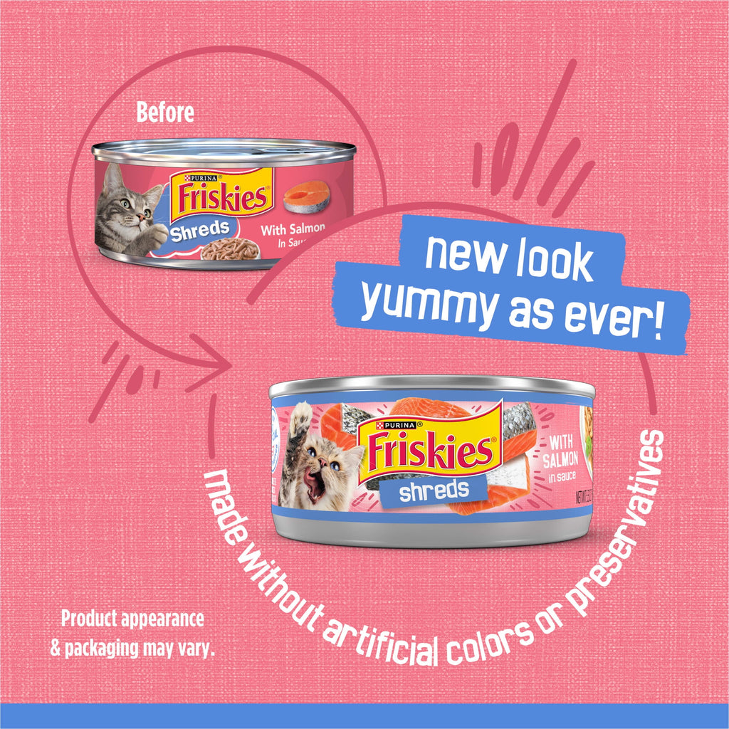 Purina Friskies Shreds With Salmon in Sauce - Wet Cat Food, 5.5 oz Can, 24 Pack