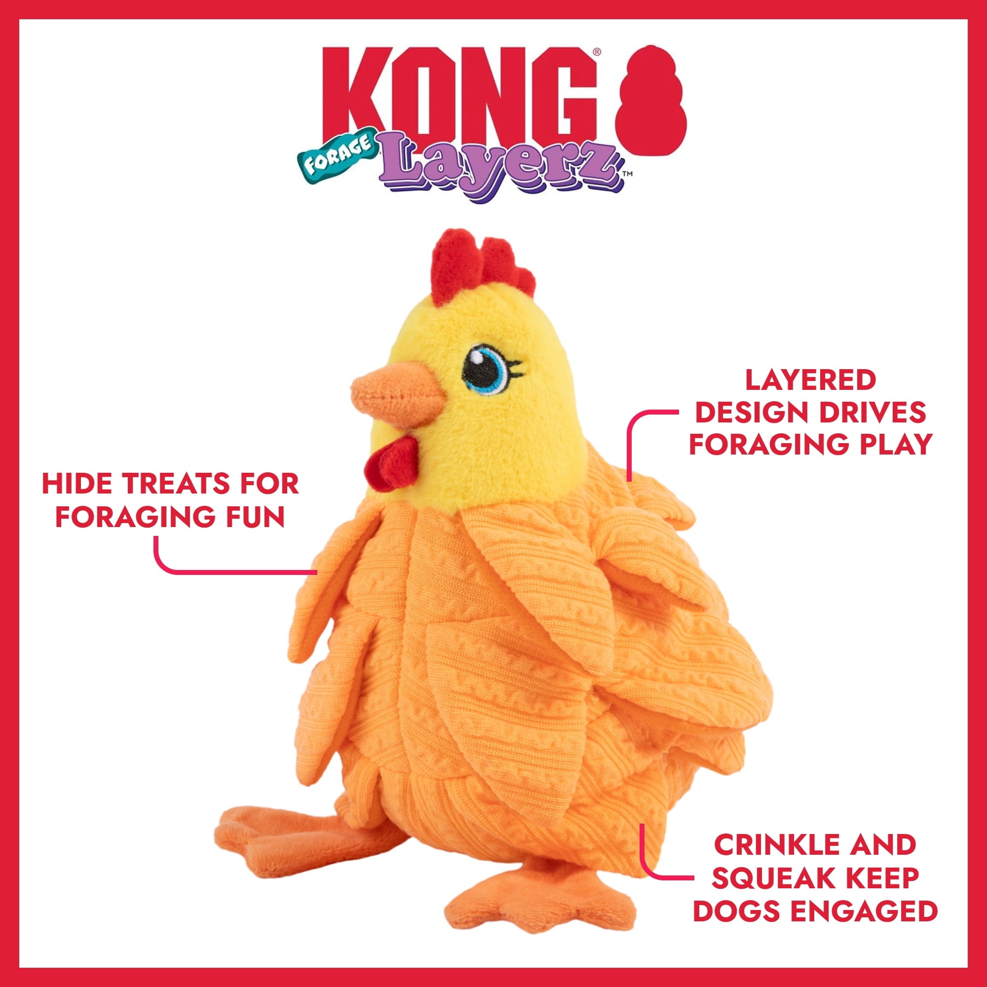 KONG® Layerz Forage Crackle and Squeaker Dog Toy - Hen, Medium