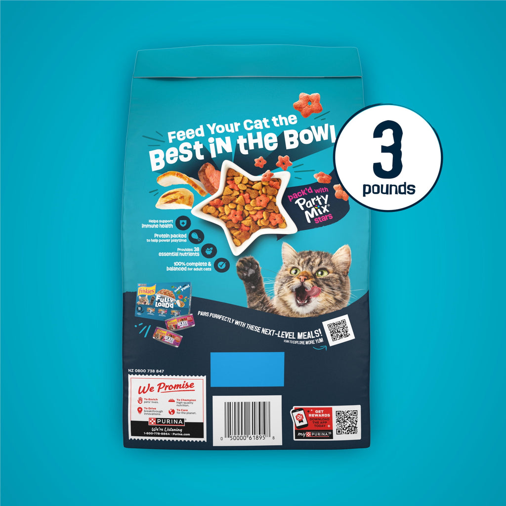 Purina Friskies Party Pack’d with Flavors of Chicken - Liver and Turkey Crunchy Dry Cat Food, 3 lb.