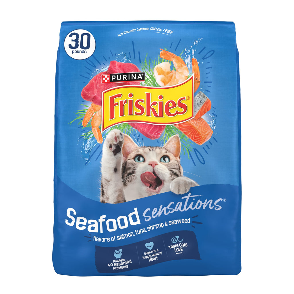 Purina Friskies Dry Cat Food Seafood Sensations With Salmon - Tuna, and Shrimp Flavors, 30 lb Bag - 2-Pack
